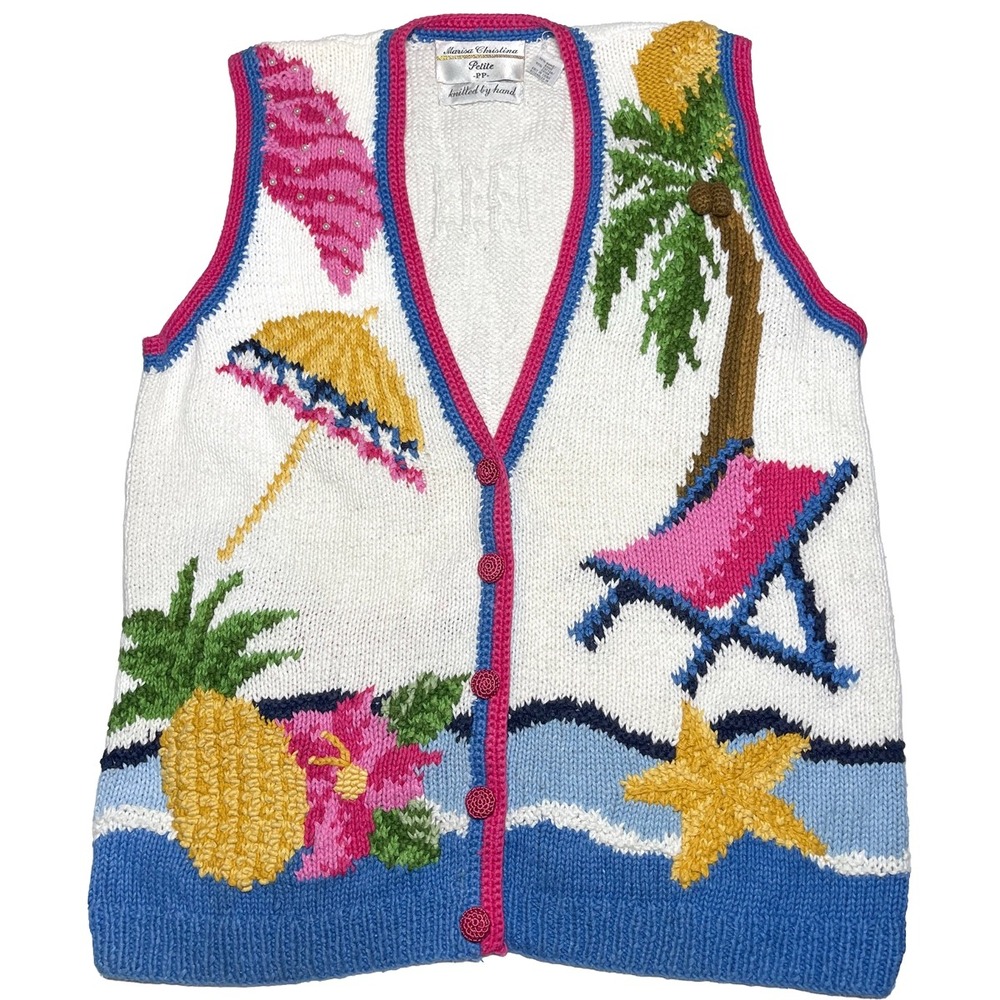 Vintage 3D Knit Sweater Vest Beach Theme Embellished Sz‎ MP by Marisa Christina
